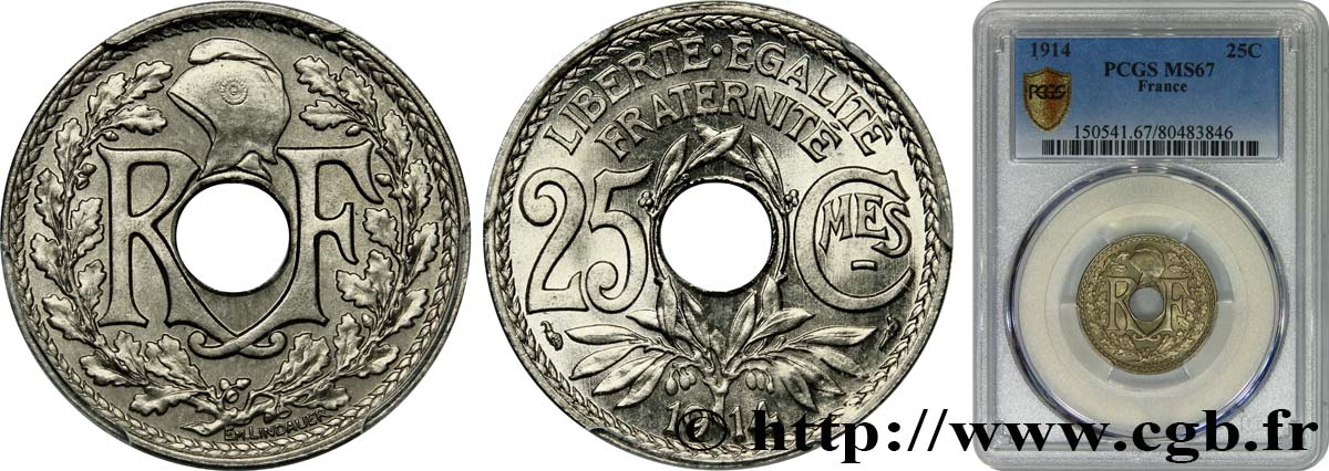 25 centimes Lindauer, Cmes souligné 1914  F.170/2 ST67 PCGS