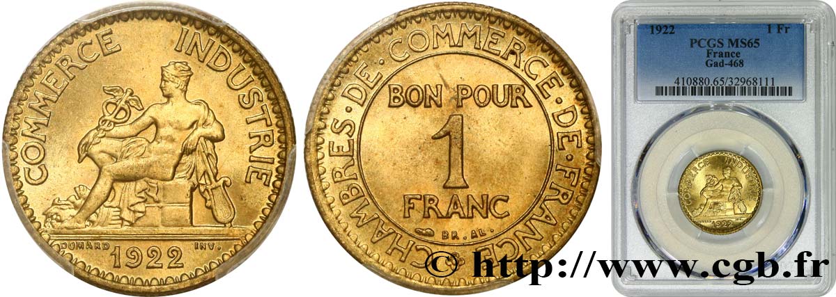 1 franc Chambres de Commerce 1922 Paris F.218/4 ST65 PCGS
