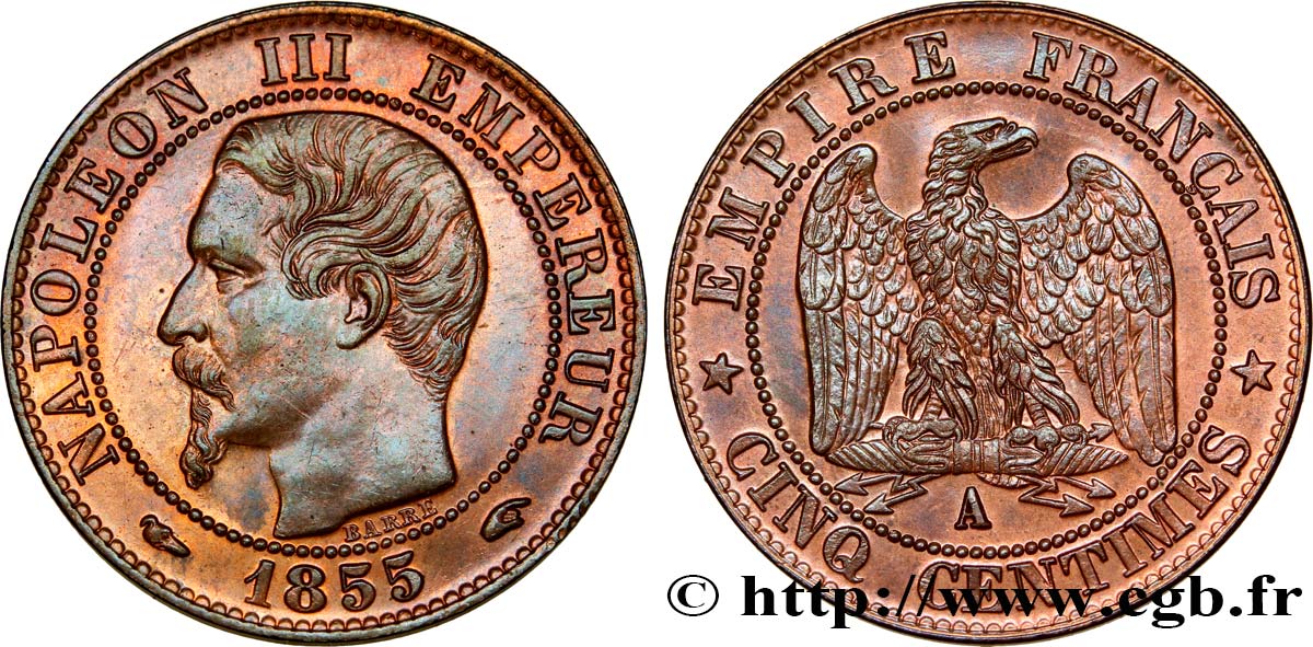 Cinq centimes Napoléon III, tête nue 1855 Paris F.116/16 SUP62 