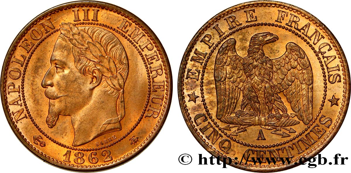 Cinq centimes Napoléon III, tête laurée 1862 Paris F.117/7 SPL64 