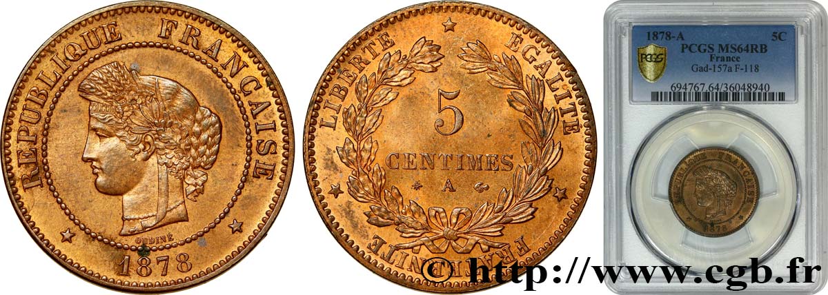 5 centimes Cérès 1878 Paris F.118/17 MS64 PCGS