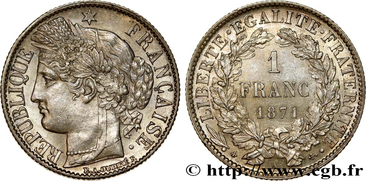 1 franc Cérès, Troisième République, petit A 1871 Paris F.216/2 MS62 