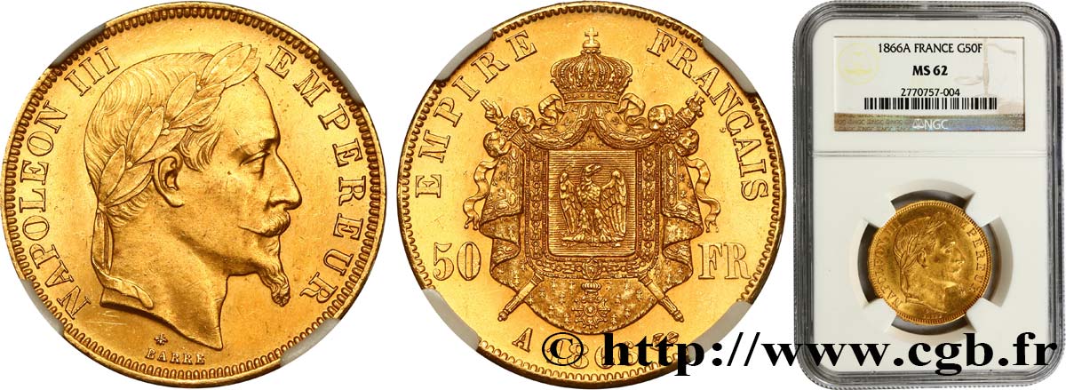 50 francs or Napoléon III, tête laurée 1866 Paris F.548/6 MS62 NGC