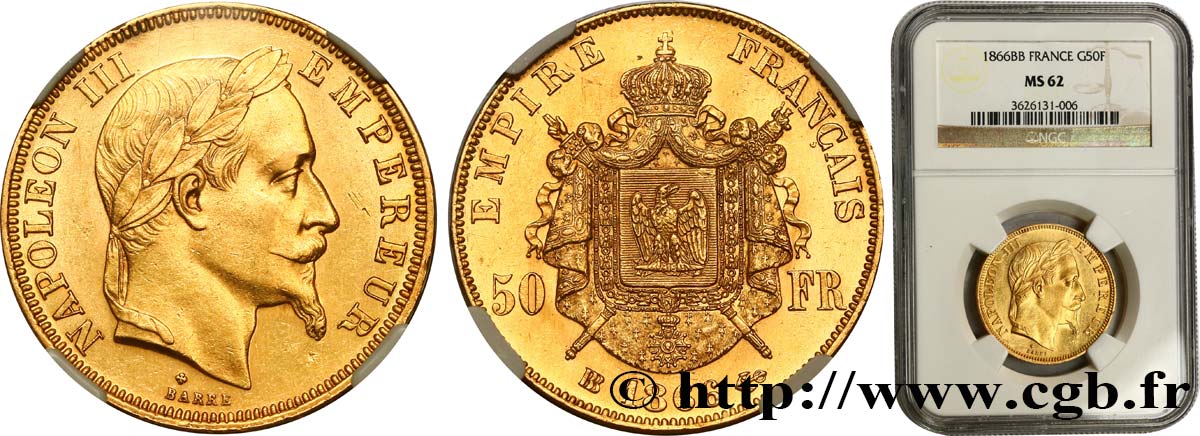 50 francs or Napoléon III, tête laurée 1866 Strasbourg F.548/7 EBC62 NGC