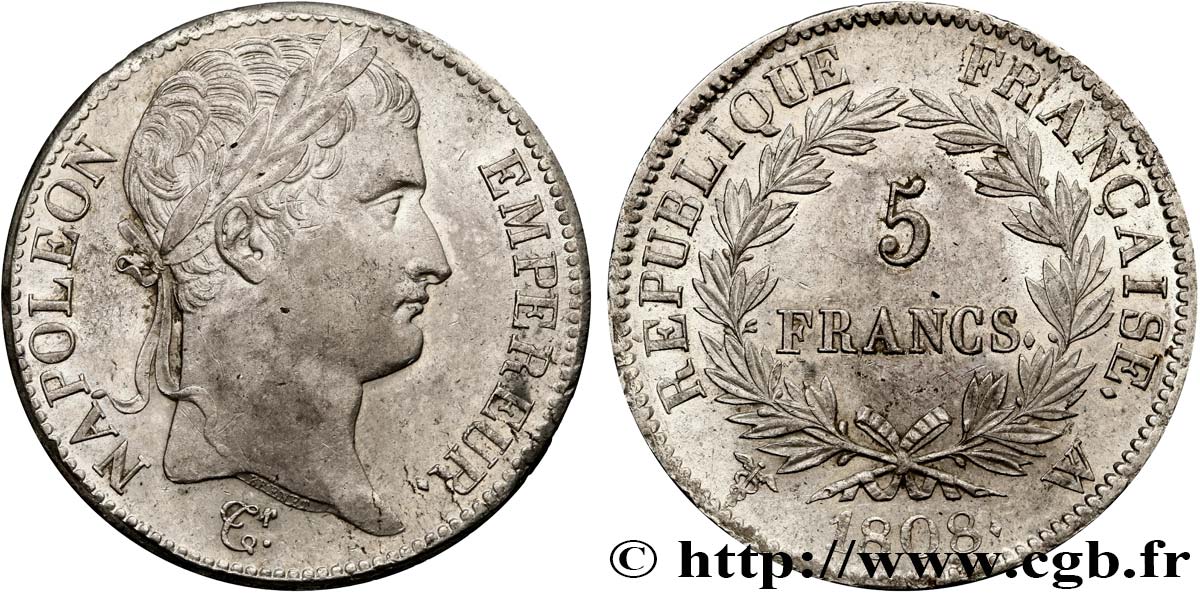 5 francs Napoléon Empereur, République française 1808 Lille F.306/15 AU58 