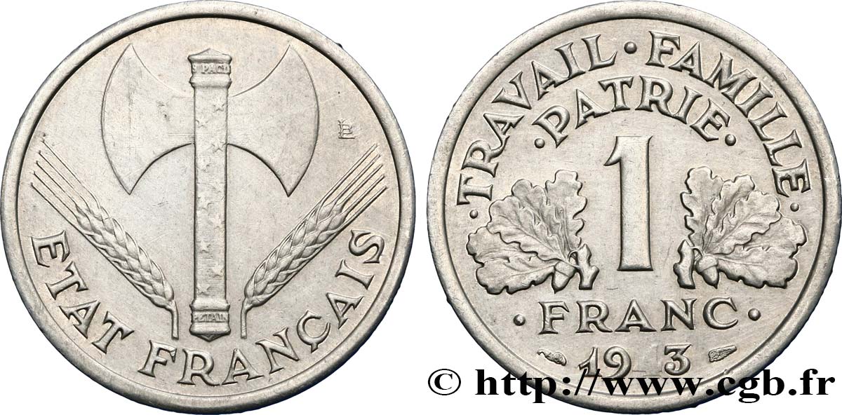 1 franc Francisque, légère, coin bouché 1943  F.223/3 var. MBC48 