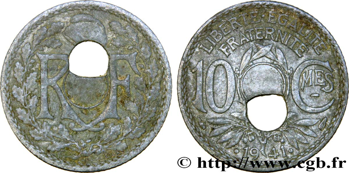 10 centimes Lindauer en zinc, Cmes souligné et millésime avec points, perforation décentrée 1941  F.140/2 var. TB30 