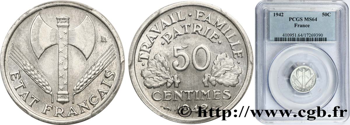 50 centimes Francisque, lourde 1942  F.195/3 MS64 PCGS