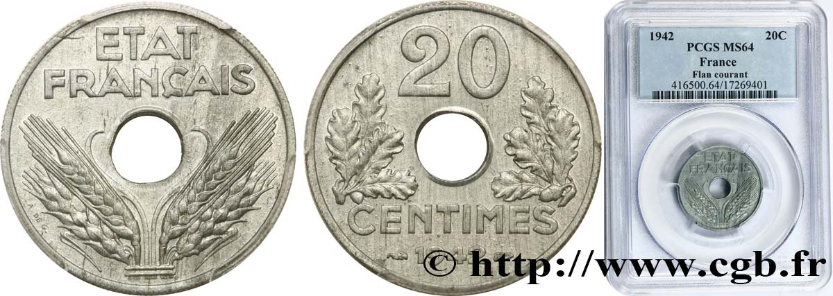 20 centimes État français 1942  F.153/4 SPL64 PCGS