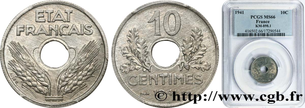 10 centimes État français, grand module 1941 Paris F.141/2 ST66 PCGS