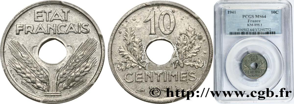 10 centimes État français, grand module 1941 Paris F.141/2 SPL64 PCGS
