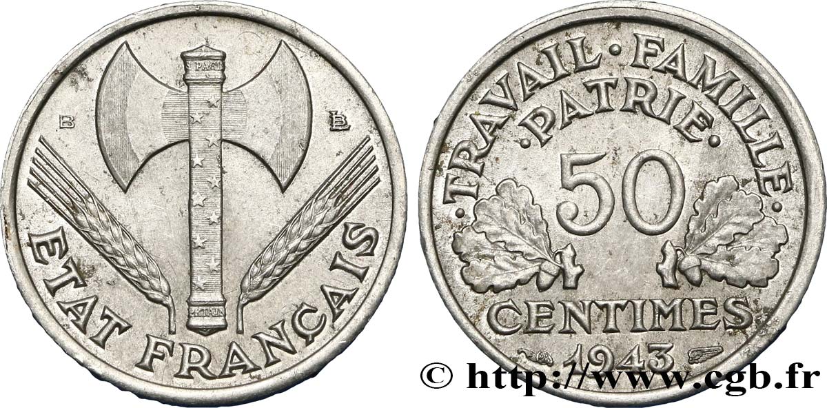 50 centimes Francisque, légère 1943 Beaumont-Le-Roger F.196/3 SPL55 