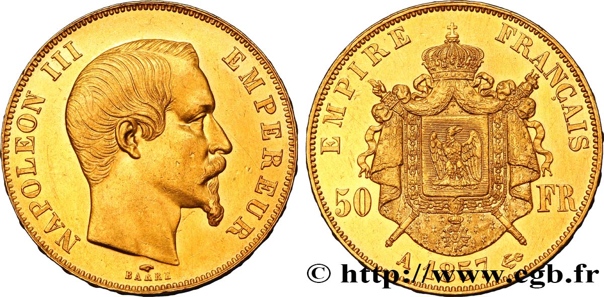 50 francs or Napoléon III, tête nue 1857 Paris F.547/4 SPL 