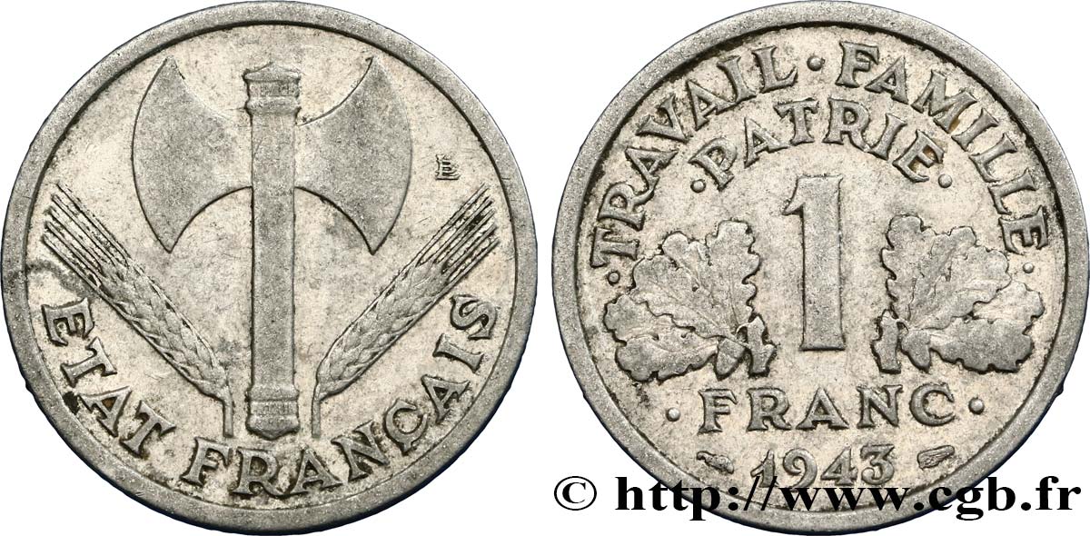 1 franc Francisque, légère, frappe médaille 1943 Paris F.223/3 var. TB25 