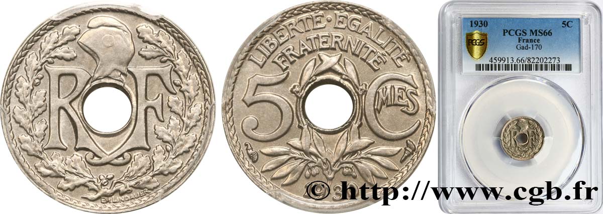 5 centimes Lindauer, petit module 1930 Paris F.122/13 MS66 PCGS