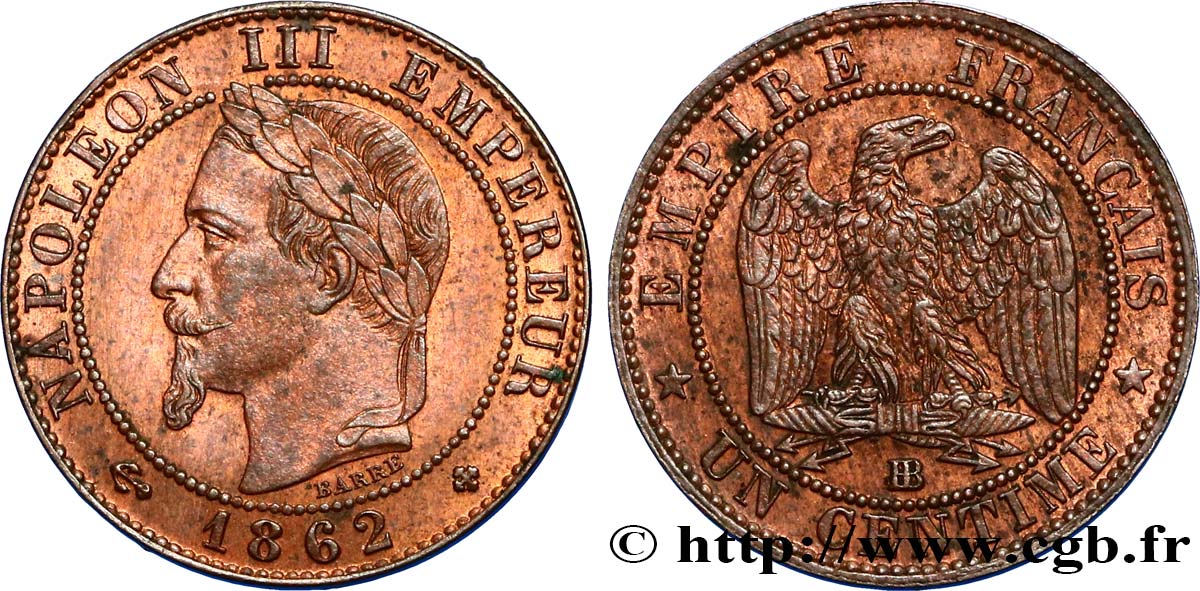 Un centime Napoléon III, tête laurée 1862 Strasbourg F.103/5 SPL58 