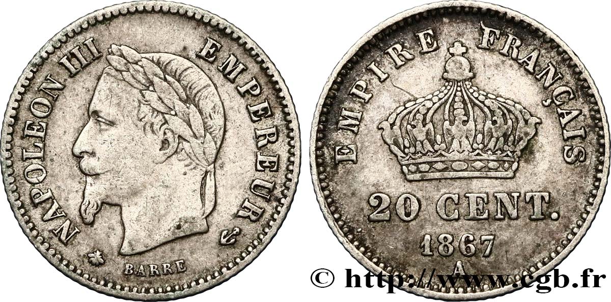 20 centimes Napoléon III, tête laurée, grand module 1867 Paris F.150/1 XF45 