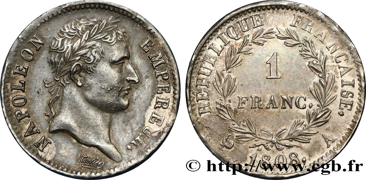 1 franc Napoléon Ier tête laurée, République française 1808 Paris F.204/2 VZ58 