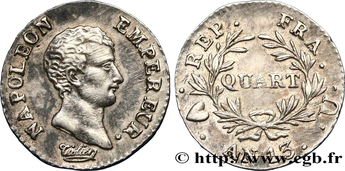 Quart (de franc) Napoléon Empereur, Calendrier révolutionnaire 1805 Turin F.158/17 TTB52 