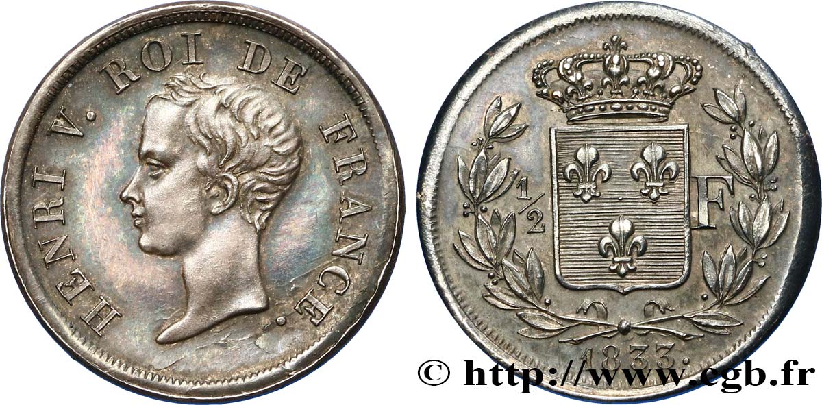 1/2 franc, buste juvénile 1833  VG.2713  TTB54 