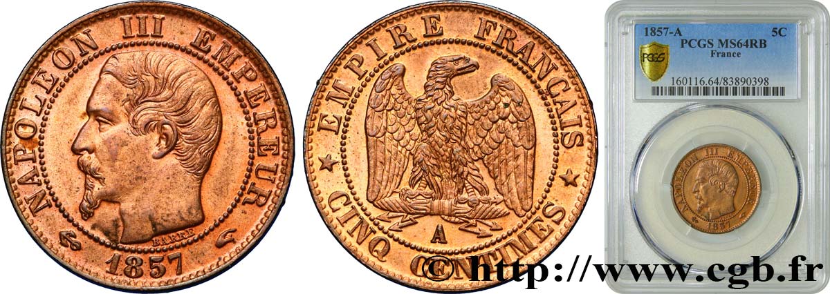 Cinq centimes Napoléon III, tête nue 1857 Paris F.116/37 SPL64 PCGS