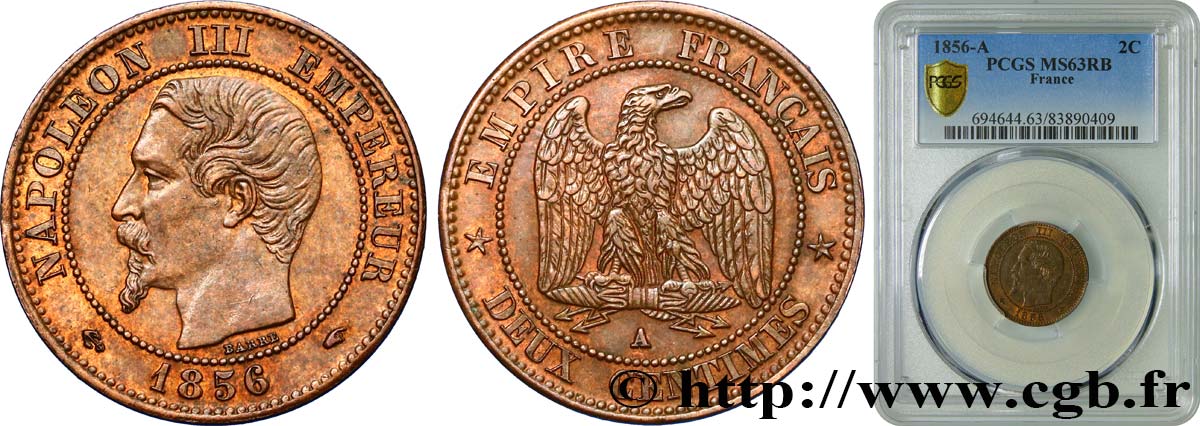 Deux centimes Napoléon III, tête nue 1856 Paris F.107/38 SPL63 PCGS