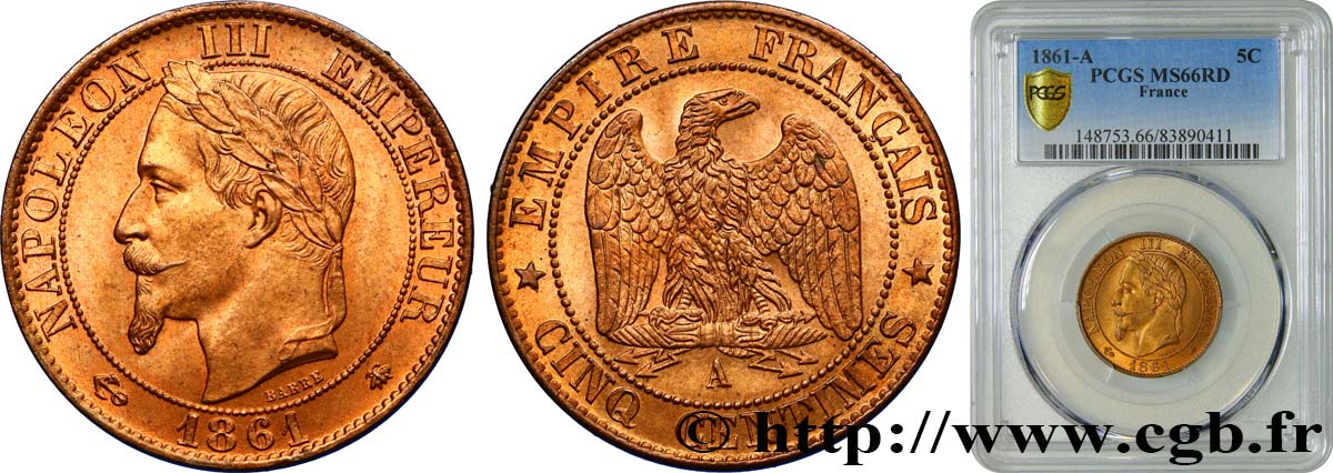 Cinq centimes Napoléon III, tête laurée 1861 Paris F.117/4 ST66 PCGS