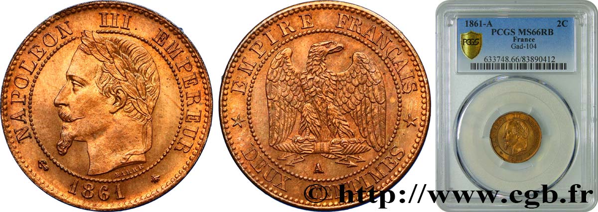Deux centimes Napoléon III, tête laurée 1861 Paris F.108A/1 MS66 PCGS