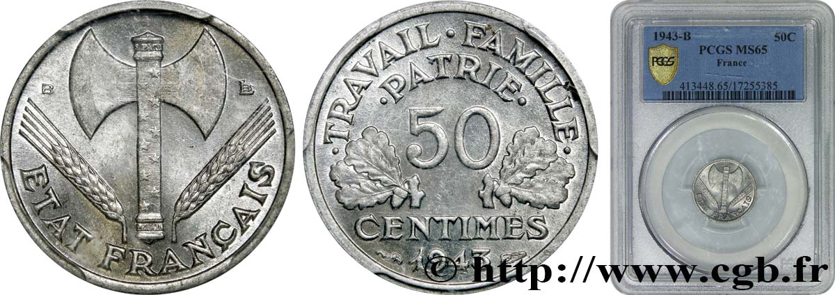50 centimes Francisque, légère 1943 Beaumont-Le-Roger F.196/3 FDC65 PCGS