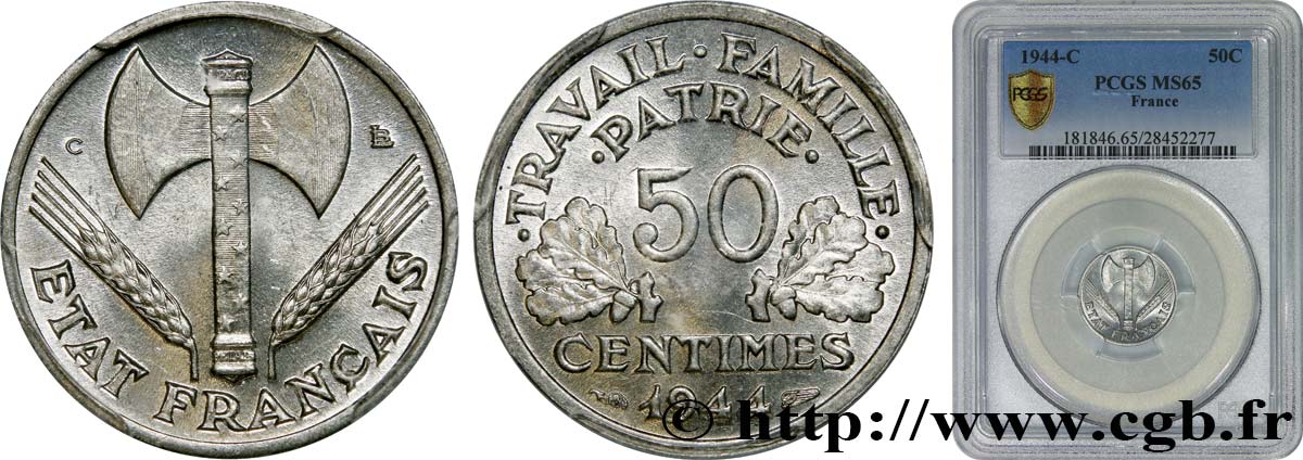 50 centimes Francisque, légère 1944 Castelsarrasin F.196/6 MS65 PCGS