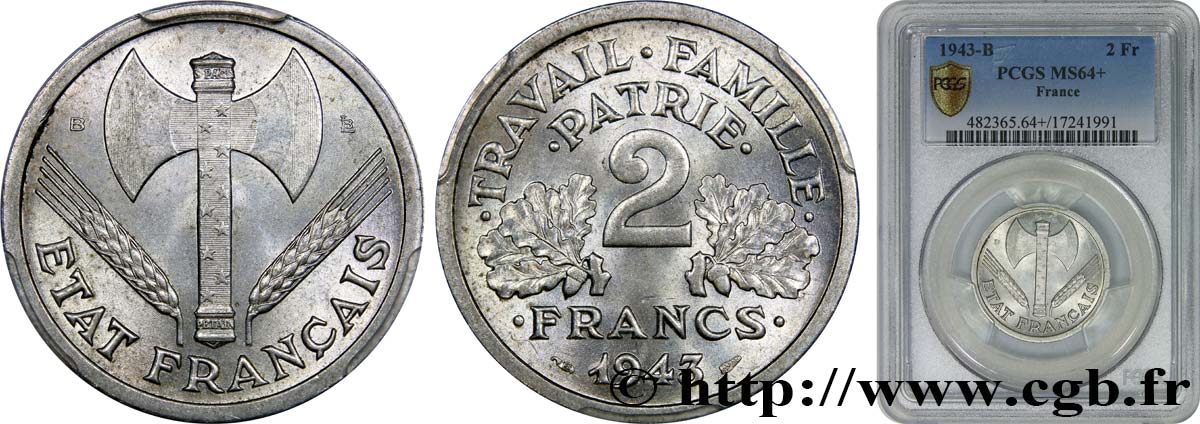 2 francs Francisque 1943 Beaumont-Le-Roger F.270/3 SC64 PCGS