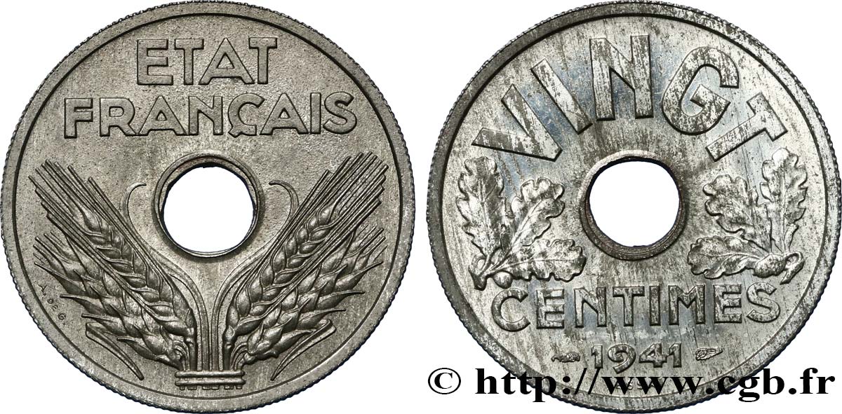 Essai de VINGT centimes État français 1941 Paris F.152/1 MS60 