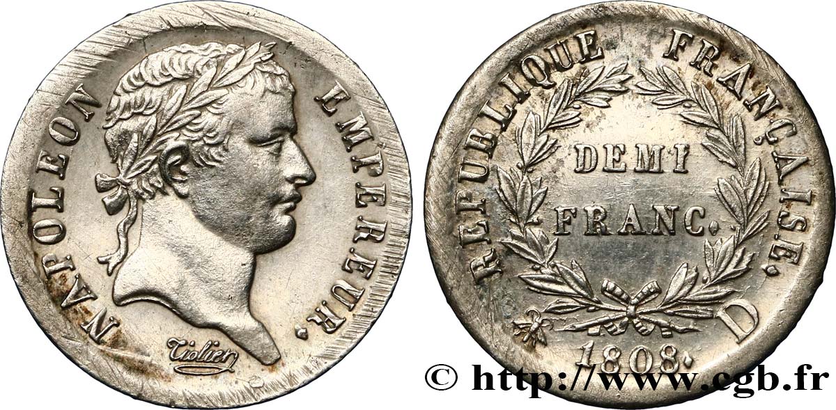 Demi-franc Napoléon Ier tête laurée, République française 1808 Lyon F.177/5 MBC53 
