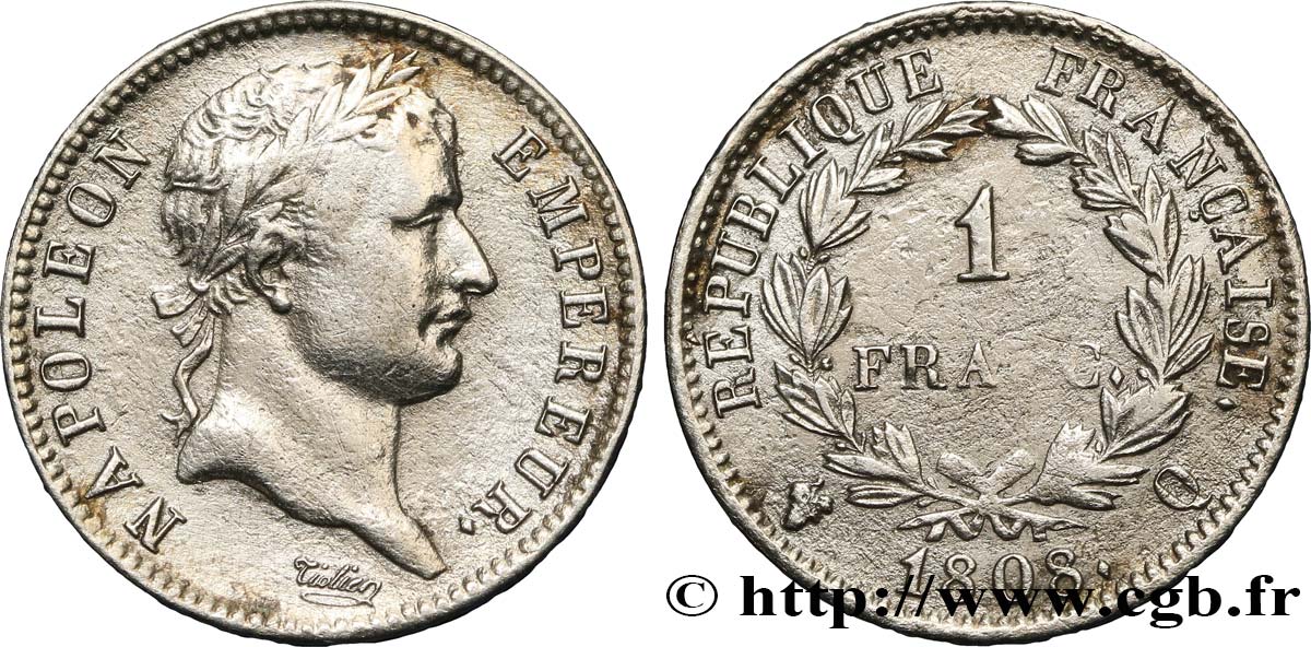 1 franc Napoléon Ier tête laurée, République française 1808 Perpignan F.204/12 S35 