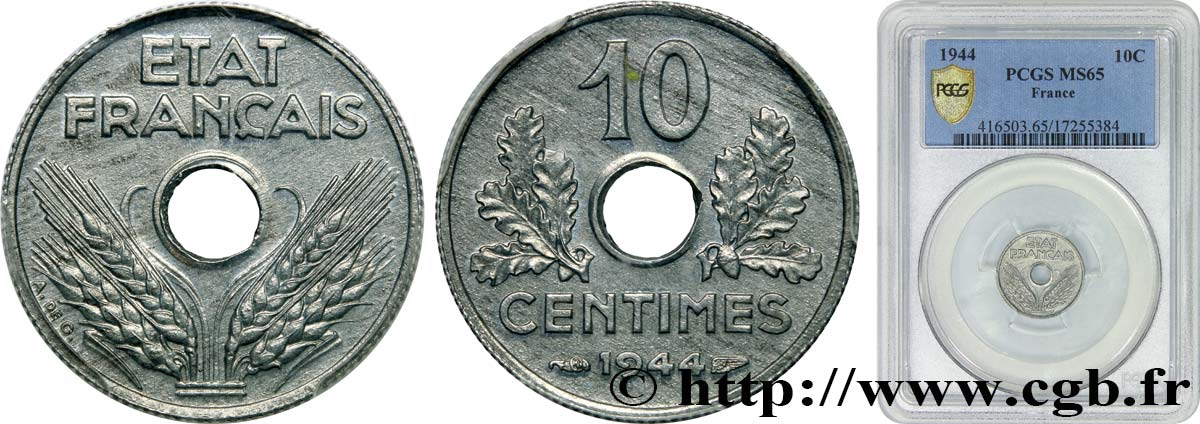 10 centimes État français, petit module 1944  F.142/3 ST65 PCGS