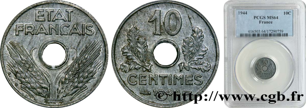 10 centimes État français, petit module 1944  F.142/3 SPL64 PCGS