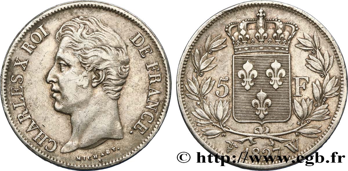 5 francs Charles X, 2e type 1827 Lille F.311/13 XF40 