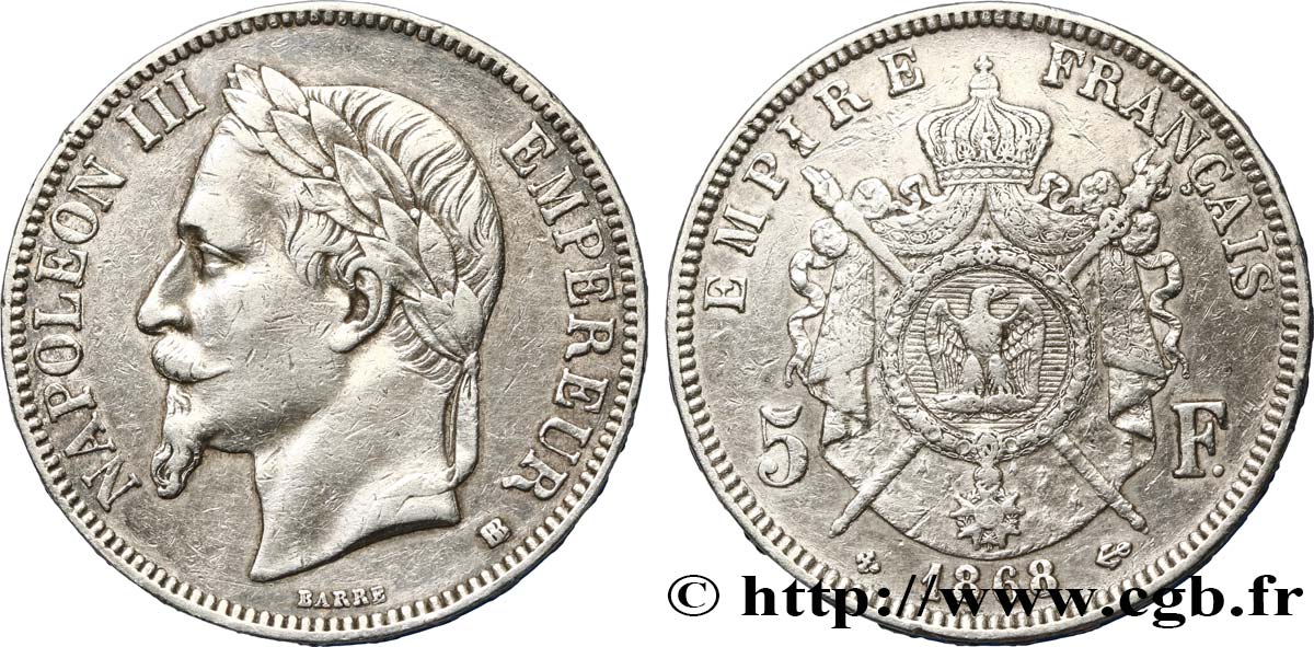 5 francs Napoléon III, tête laurée 1868 Strasbourg F.331/13 TTB 