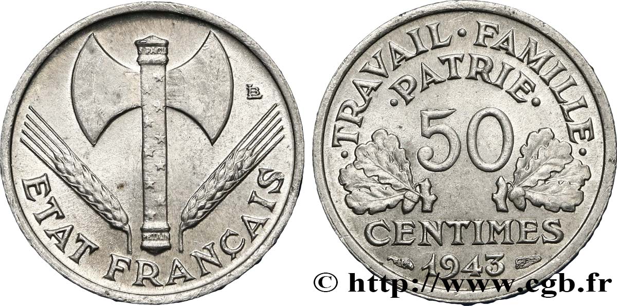 50 centimes Francisque, légère 1943  F.196/2 MS60 