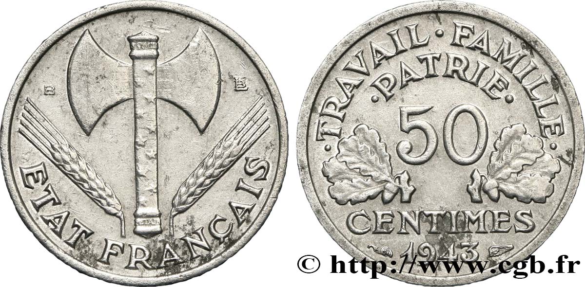 50 centimes Francisque, légère 1943 Beaumont-Le-Roger F.196/3 SS48 