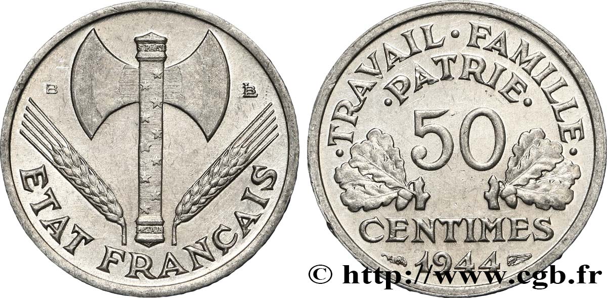 50 centimes Francisque, légère 1944 Beaumont-Le-Roger F.196/5 MS62 
