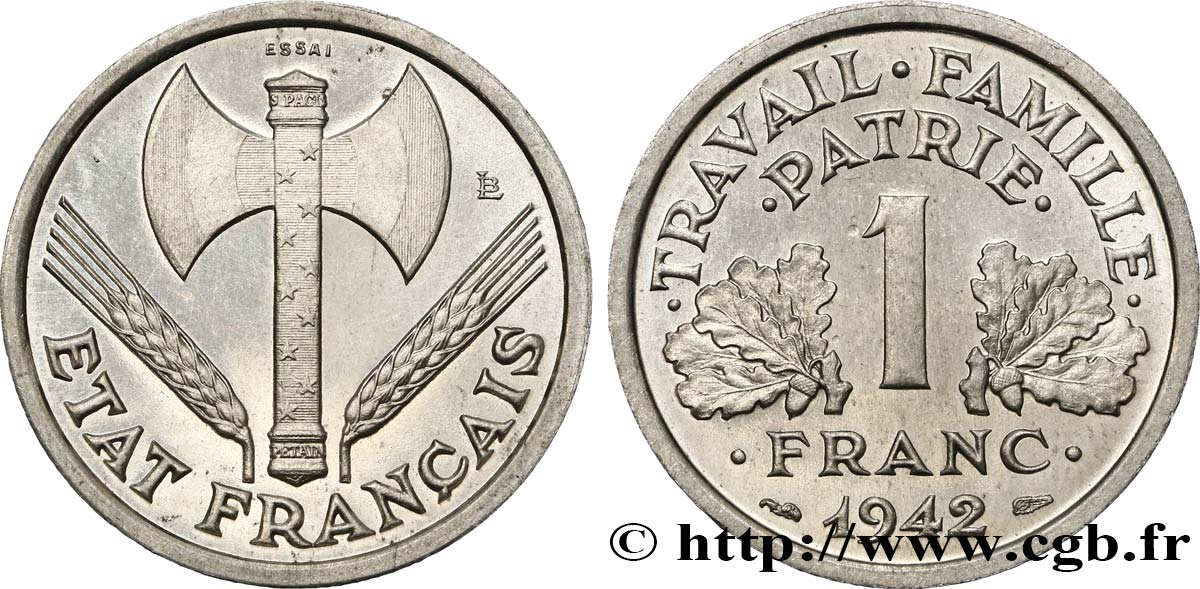 Essai de 1 franc Francisque, lourde 1942 Paris F.222/1 FDC65 