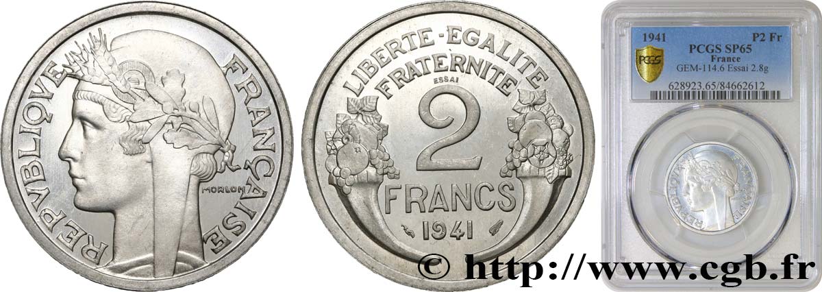 Essai de 2 francs Morlon, aluminium, flan épais 1941 Paris GEM.114 6 FDC65 PCGS