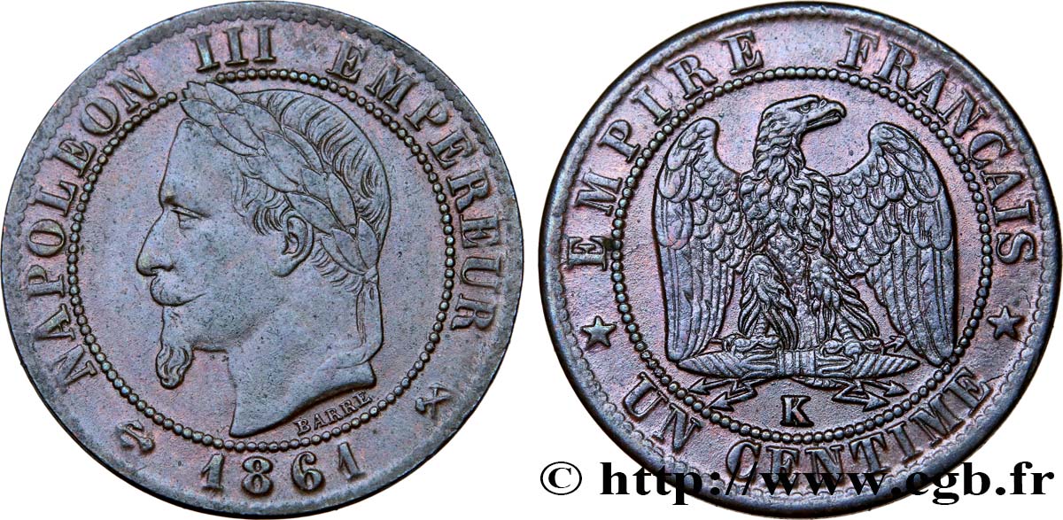 Un centime Napoléon III, tête laurée 1861 Bordeaux F.103/3 TTB48 