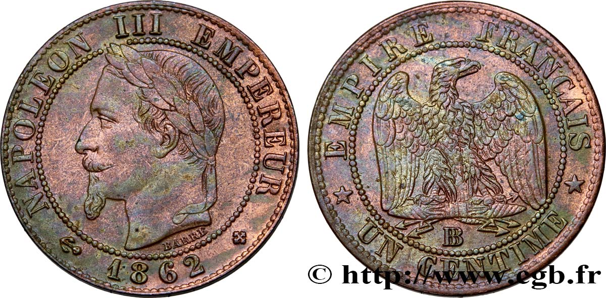 Un centime Napoléon III, tête laurée, grand BB 1862 Strasbourg F.103/6 AU50 