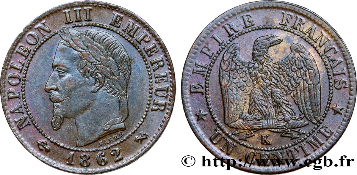 Un centime Napoléon III, tête laurée 1862 Bordeaux F.103/7 SUP55 