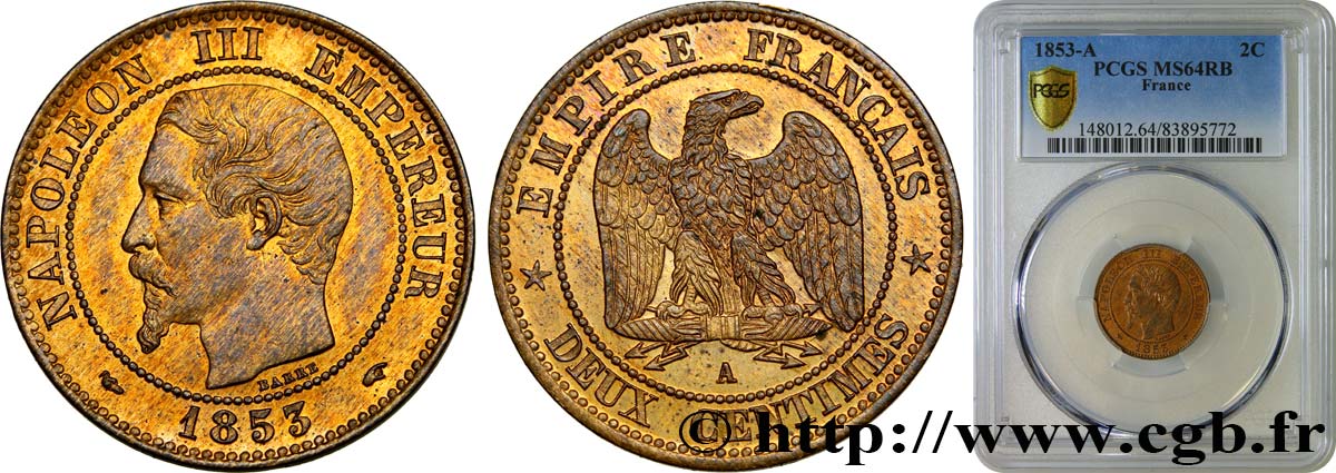 Deux centimes Napoléon III, tête nue 1853 Paris F.107/1 fST64 PCGS