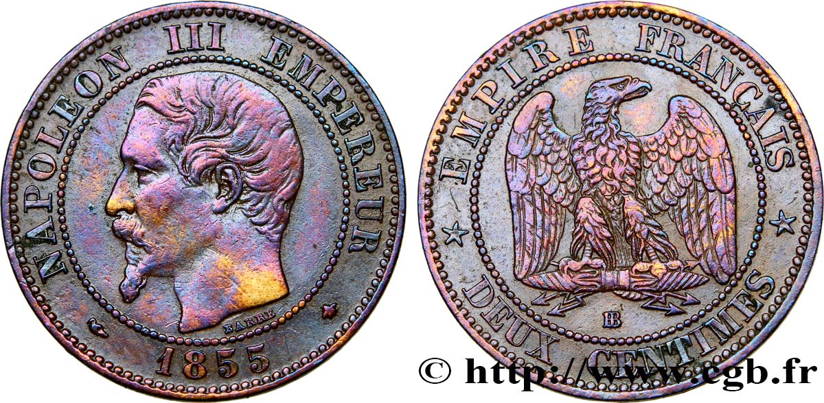 Deux centimes Napoléon III, tête nue 1855 Strasbourg F.107/23 XF48 