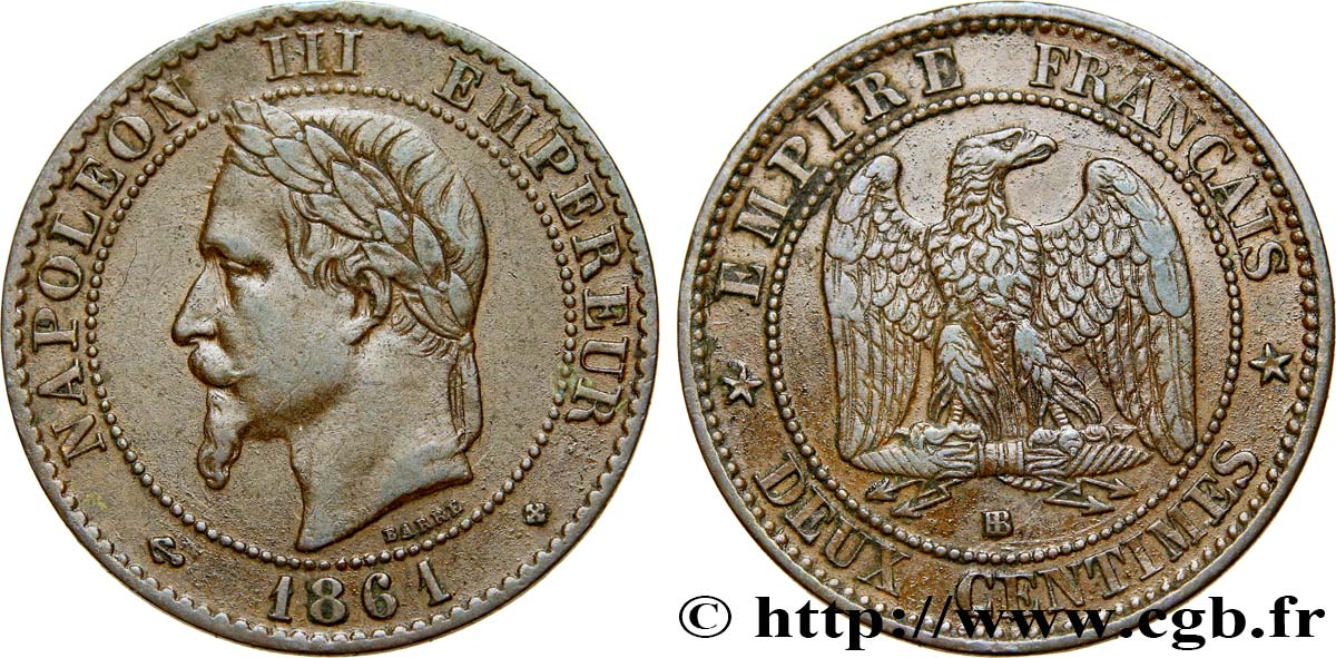 Deux centimes Napoléon III, tête laurée, buste provisoire 1861 Strasbourg F.108/2 TTB48 