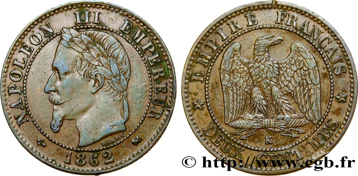 Deux centimes Napoléon III, tête laurée 1862 Bordeaux F.108A/7 BB48 